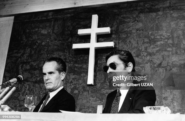 Le secrétaire général de l'UDR Yves Guéna lors d'un discours à la journée des élus le 29 septembre 1976 à Rocamadour, France.