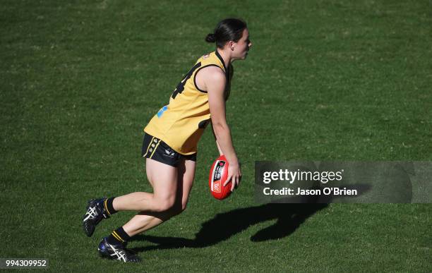 S Roxanne Roux in action during the AFLW U18 Championships match between Vic Metro and Western Australia at Metricon Stadium on July 9, 2018 in Gold...