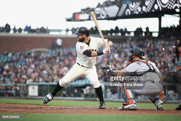Brandon Belt of the San Francisco Giants bats against the Miami Marlins at AT&T Park on June 19, 2018 in San Francisco, California.