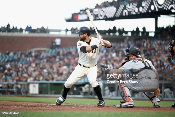 Brandon Belt of the San Francisco Giants bats against the Miami Marlins at AT&T Park on June 19, 2018 in San Francisco, California.