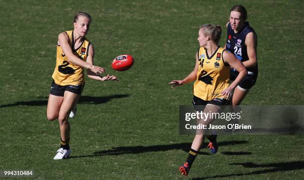 S Mikayla Hyde in action during the AFLW U18 Championships match between Vic Metro and Western Australia at Metricon Stadium on July 9, 2018 in Gold...