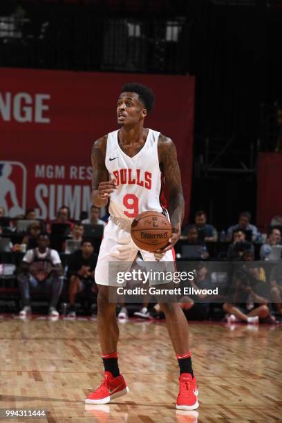 Antonio Blakeney of the Chicago Bulls handles the ball against the Los Angeles Lakers during the 2018 Las Vegas Summer League on July 8, 2018 at the...