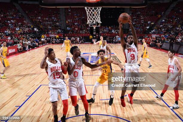 Antonio Blakeney of the Chicago Bulls handles the ball against the Los Angeles Lakers during the 2018 Las Vegas Summer League on July 8, 2018 at the...