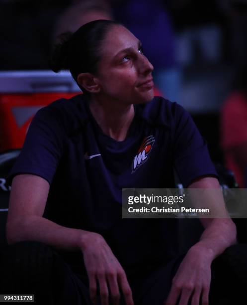Diana Taurasi of the Phoenix Mercury is introduced before WNBA game against the Connecticut Sun at Talking Stick Resort Arena on July 5, 2018 in...