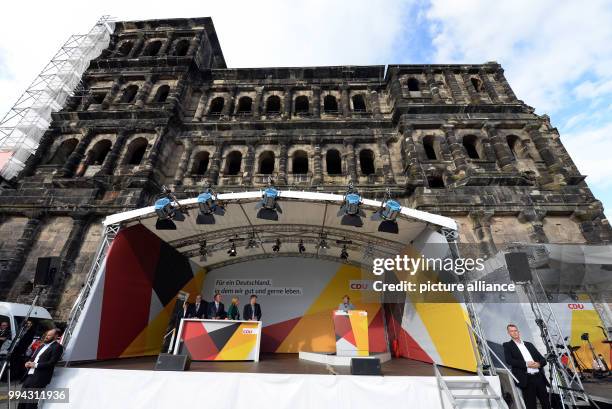 German Chancellor Angela Merkel delivers a speech during an election campaign event of the Christian Democratic Union of Germany held in front of the...