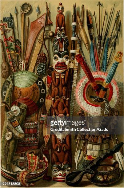 Color print illustrating beaded, carved, and painted weapons, utensils, sacred items, and ornaments from North American First Peoples cultures,...