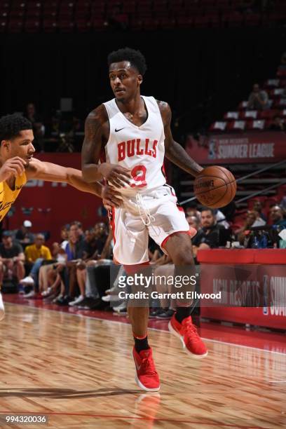 Antonio Blakeney of the Chicago Bulls handles the ball against the Los Angeles Lakers during the 2018 Las Vegas Summer League on July 8, 2018 at the...