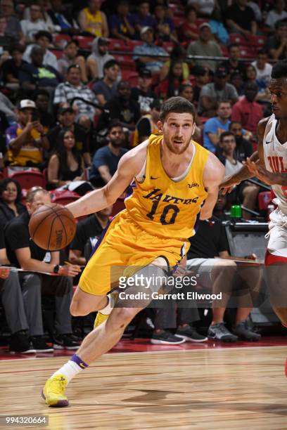 Svi Mykhailiuk of the Los Angeles Lakers handles the ball against the Chicago Bulls during the 2018 Las Vegas Summer League on July 8, 2018 at the...