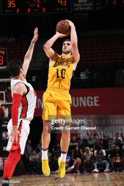 Svi Mykhailiuk of the Los Angeles Lakers shoots the ball against the Chicago Bulls during the 2018 Las Vegas Summer League on July 8, 2018 at the...