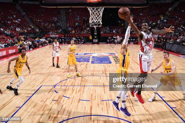 Antonio Blakeney of the Chicago Bulls handles the ball against the Los Angeles Lakers during the 2018 Las Vegas Summer League on July 8, 2018 at the...