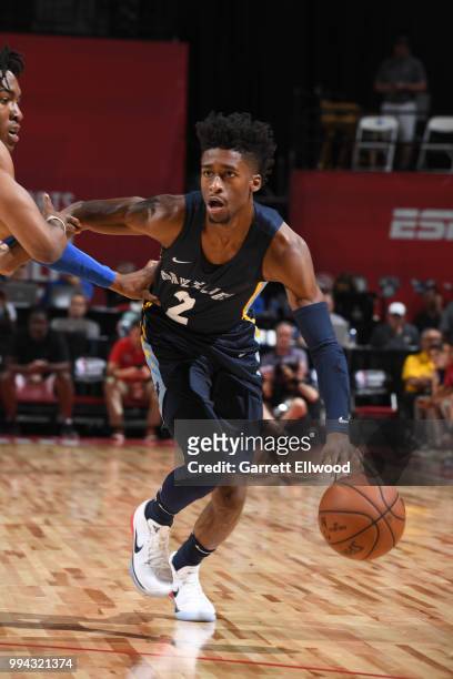 Kobi Simmons of the Memphis Grizzlies handles the ball against the Orlando Magic during the 2018 Las Vegas Summer League on July 8, 2018 at the...