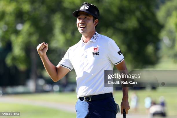 Kevin Na celebrates after putting out to win the A Military Tribute At The Greenbrier held at the Old White TPC course on July 8, 2018 in White...