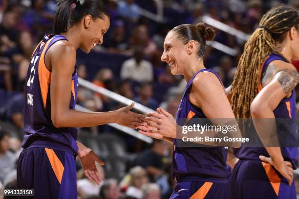 Diana Taurasi of the Phoenix Mercury and DeWanna Bonner of the Phoenix Mercury react during the game against the Connecticut Sun on July 5, 2018 at...