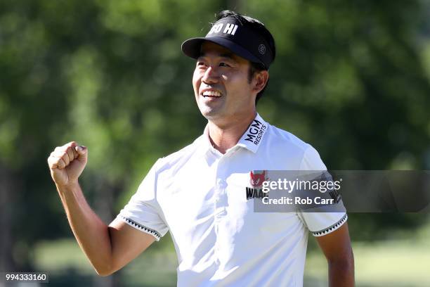 Kevin Na celebrates after putting out to win the A Military Tribute At The Greenbrier held at the Old White TPC course on July 8, 2018 in White...