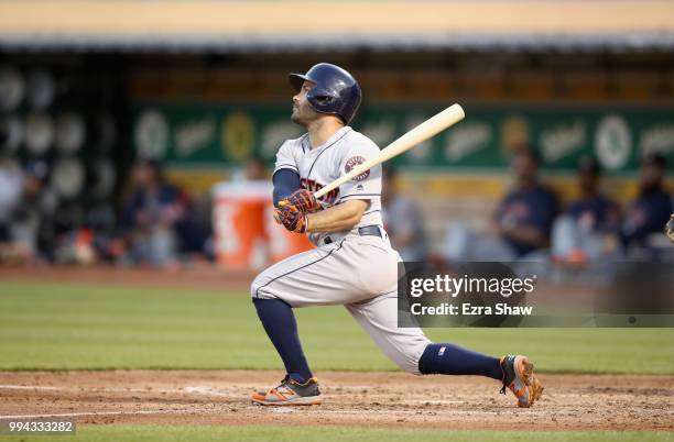 Jose Altuve of the Houston Astros bats against the Oakland Athletics at Oakland Alameda Coliseum on June 13, 2018 in Oakland, California.