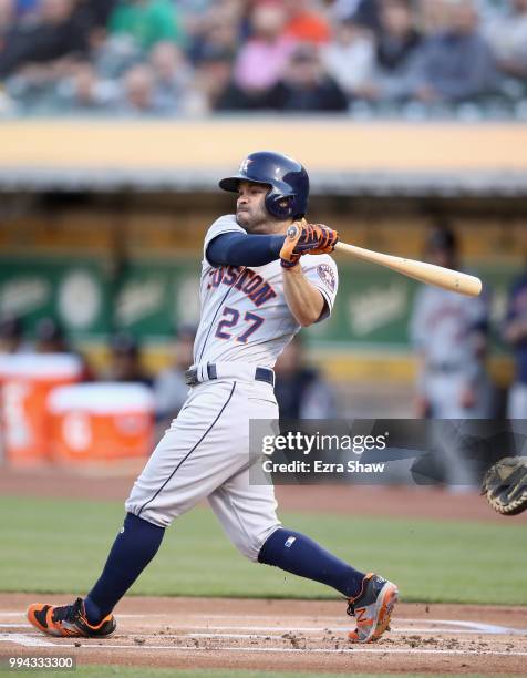 Jose Altuve of the Houston Astros bats against the Oakland Athletics at Oakland Alameda Coliseum on June 13, 2018 in Oakland, California.