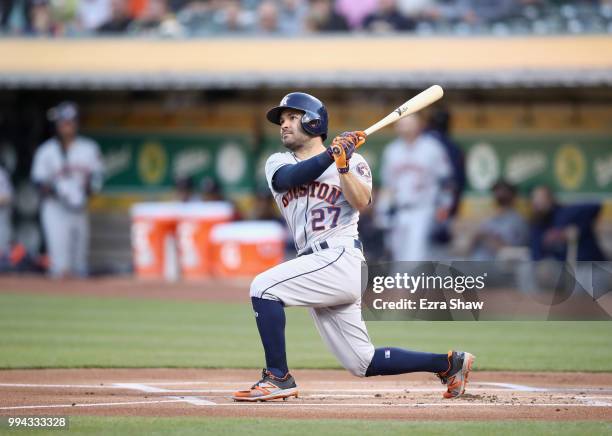 Jose Altuve of the Houston Astros bats against the Oakland Athletics at Oakland Alameda Coliseum on June 13, 2018 in Oakland, California.