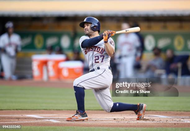 Jose Altuve of the Houston Astros bats against the Oakland Athletics at Oakland Alameda Coliseum on June 13, 2018 in Oakland, California.