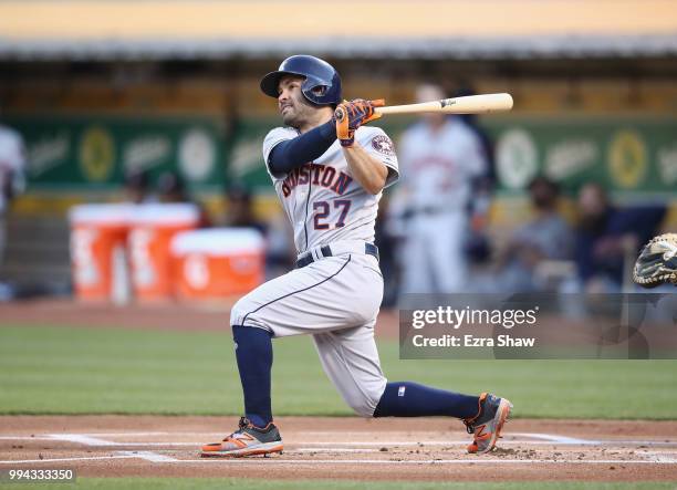 Jose Altuve of the Houston Astros bats against the Oakland Athletics at Oakland Alameda Coliseum on June 13, 2018 in Oakland, California.