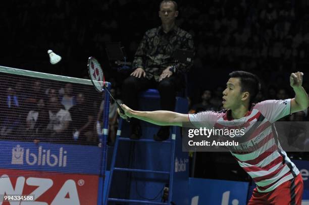 Markus Renaldi Gideon in action against Takuto Inoue and Yuki Kaneko from Japan during the final match of Indonesia Open at Istora Gelora Bung Karno...