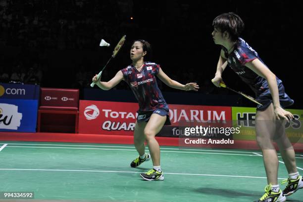 Yuki Fukushima and Sayaka Hirota of Japan in action against Mayu Matsumoto and Wakana Nagahara of Japan during the women's doubles final match at...