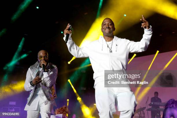 Markell Riley of Wreckx-n-Effect performs onstage with Teddy Riley during the 2018 Essence Festival presented by Coca-Cola - Day 3 at Louisiana...