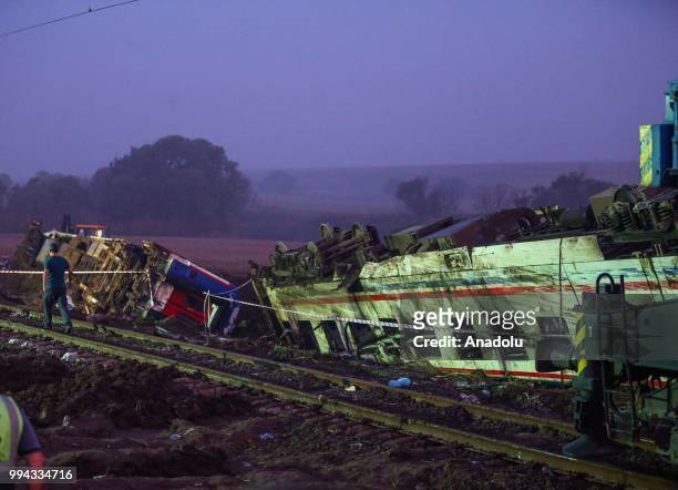 Photo shows the scene after several bogies of a passenger train derailed at the Sarilar village of Tekirdags Corlu district on July 09, 2018. The...