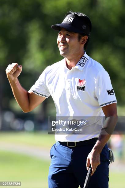 Kevin Na celebrates after putting out to win the A Military Tribute At The Greenbrier held at the Old White TPC course on July 8, 2018 in White...