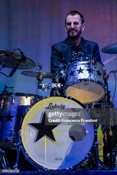 Ringo Starr performs on stage during Lucca Summer Festival at Piazza Napoleone on July 8, 2018 in Lucca, Italy.