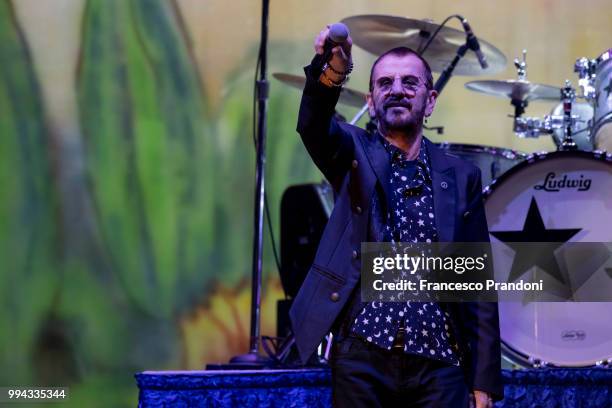 Ringo Starr performs on stage during Lucca Summer Festival at Piazza Napoleone on July 8, 2018 in Lucca, Italy.