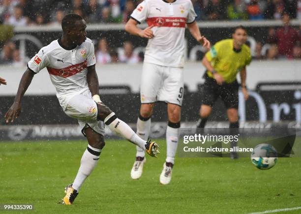 Stuttgart's Chadrac Akolo scores the 1-0 goal during the German Bundesliga soccer match between VfB Stuttgart and VfL Wolfsburg in the...