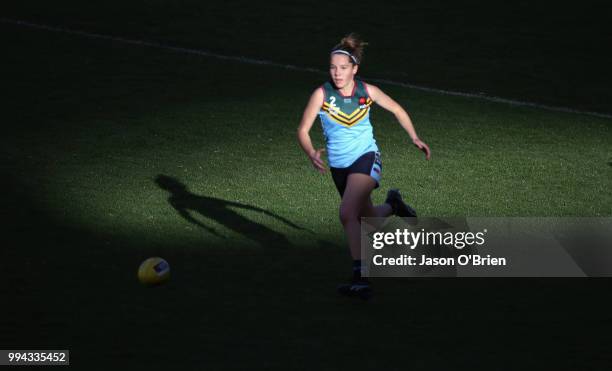 Eastern's Ahlani Eddy in action during the AFLW U18 Championships match between Eastern Allies and Central Allies at Metricon Stadium on July 9, 2018...