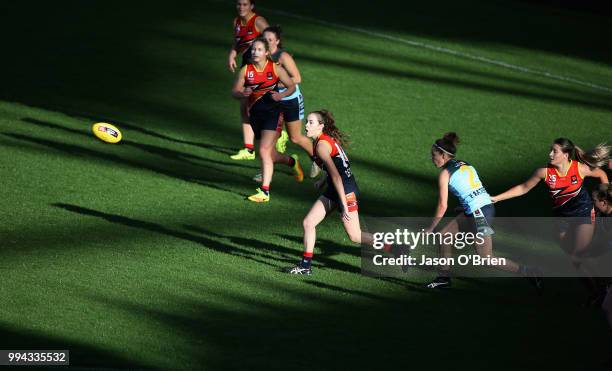 Central's Hannah Munyard in action during the AFLW U18 Championships match between Eastern Allies and Central Allies at Metricon Stadium on July 9,...