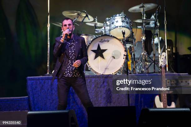 Ringo Starr performs on stage during Lucca Summer Festival at Piazza Napoleone on July 8, 2018 in Lucca, Italy.