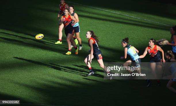 Central's Hannah Munyard in action during the AFLW U18 Championships match between Eastern Allies and Central Allies at Metricon Stadium on July 9,...