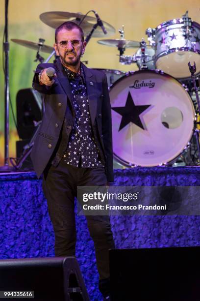 Ringo Starr performs on stage during Lucca Summer Festival at Piazza Napoleone on July 8, 2018 in Lucca, Italy.