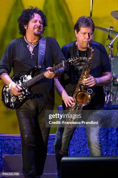 Steve Lukather and Warren Ham perform on stage during Lucca Summer Festival at Piazza Napoleone on July 8, 2018 in Lucca, Italy.