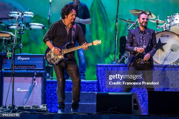 Steve Lukather and Ringo Starr perform on stage during Lucca Summer Festival at Piazza Napoleone on July 8, 2018 in Lucca, Italy.