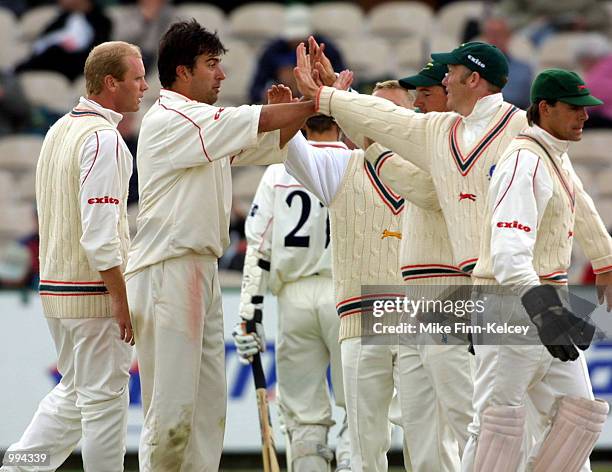 James Ormond of Leicestershire celebrates after dismissing Mark Chilton of Lancashire for 13 on the final day of the CricInfo County Championship...