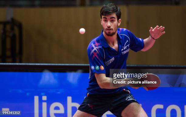 Flore Tristan of France in action against Freitas Marcos of Portugal during the men's team semi-final between France and Portugal during the ITTF...