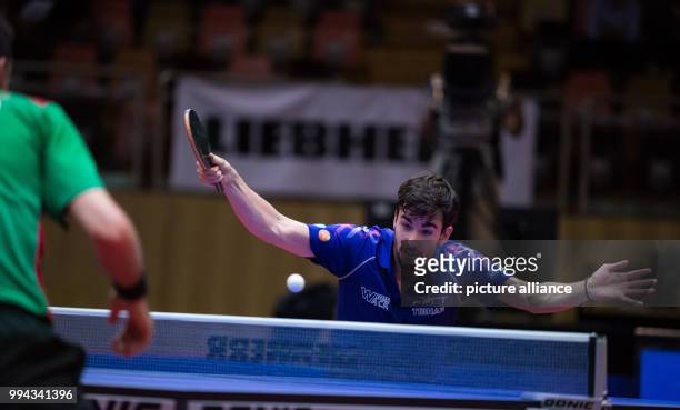Flore Tristan of France in action against Freitas Marcos of Portugal during the men's team semi-final between France and Portugal during the ITTF...