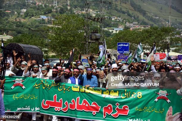 This photo taken on July 8, 2018 shows a Pakistani Kashmiri protest in Muzaffarabad, on the second death anniversary of popular Kashmiri rebel...