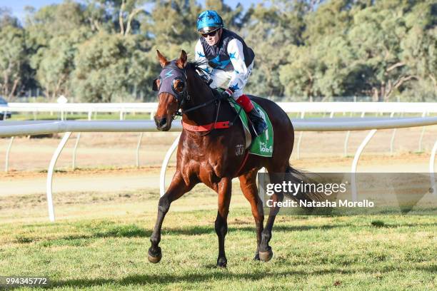 Dean Yendall returns to the mounting yard aboard Rikibobby after winning the Farewell Terry Bailey BM58 Handicap at Mildura Racecourse on July 09,...