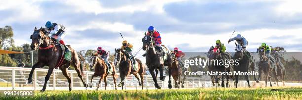 Rikibobby ridden by Dean Yendall wins the Farewell Terry Bailey BM58 Handicap at Mildura Racecourse on July 09, 2018 in Mildura, Australia.