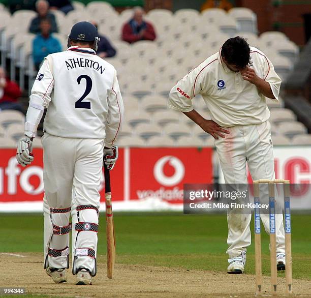 James Ormond of Leicestershire shows his disappointment after Mike Atherton of Lancashire hit him for six on the final day of the CricInfo County...