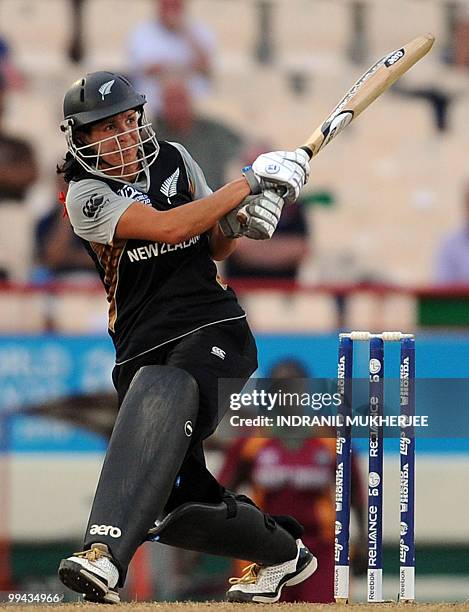 New Zealand cricketer Sara McGlashan plays a shot during the Women's ICC World Twenty20 second semifinal match between New Zealand and West Indies at...