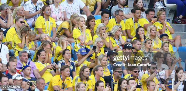 Wives and girlfriends of Swedish players worry towards the end of the 2018 FIFA World Cup Russia Quarter Final match between Sweden and England at...