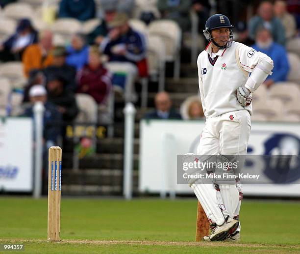 Mike Atherton of Lancashire waits at the crease as his side chases 162 to beat Leicestershire on the final day of the CricInfo County Championship...