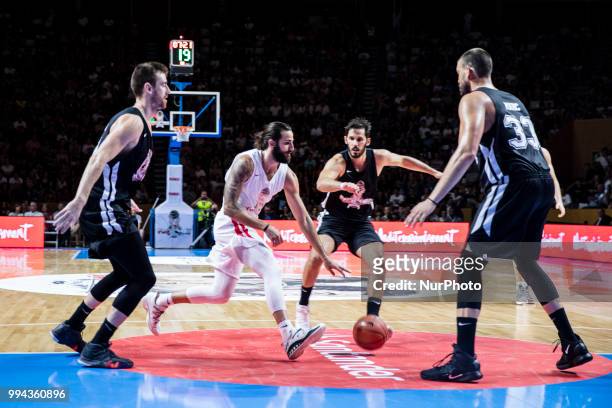Ricky Rubio from Spain of Utah Jazz defended by Marc Gasol from Spain of Memphis Grizzlies during the charity and friendly match Pau Gasol vs Marc...