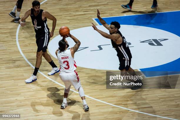 Ricky Rubio from Spain of Utah Jazz defended by Dillon Brooks from Canada of Memphis Grizzlies during the charity and friendly match Pau Gasol vs...